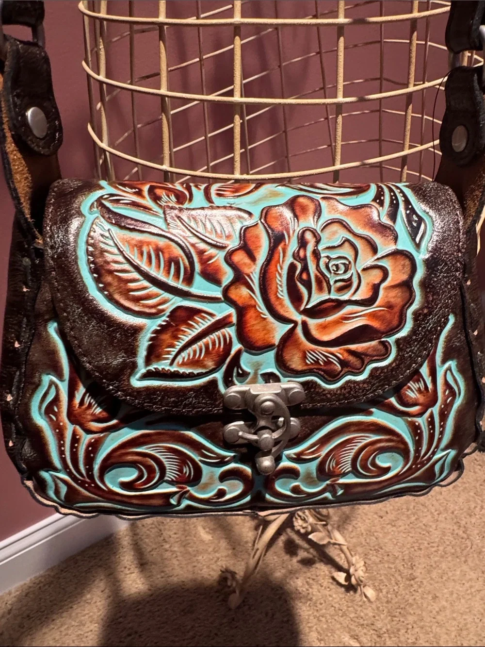 Patricia Nash Rose Tooled Floral Leather Crossbody Bag - Brown & Turquoise NWT
